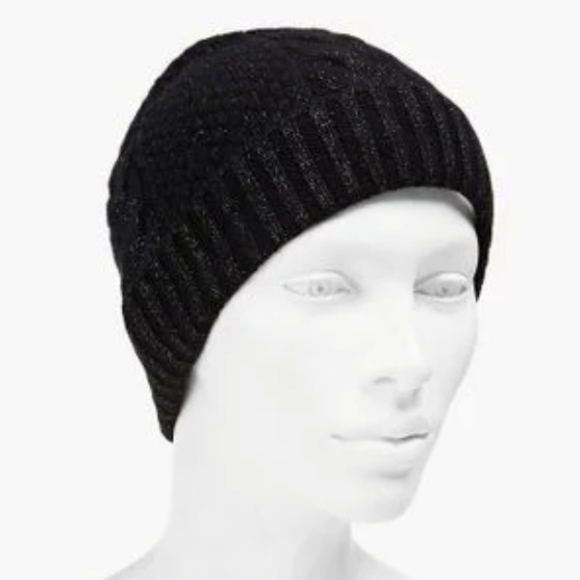 Women's Black Metallic Ribbed Cashmere-Blend Soft Feel Good Fabric Beanie - Picture 1 of 10